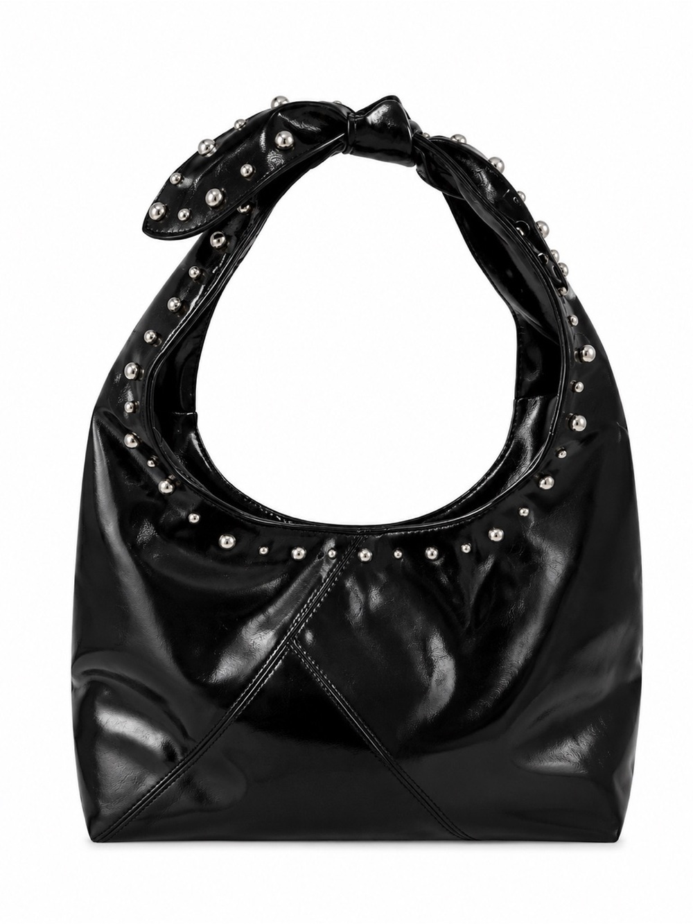 Studded Knot-Handle Shoulder Bag - Black